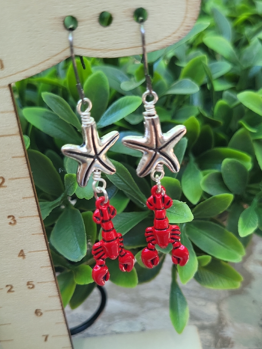 Handmade Red Lobster & Starfish Beachy Dangle Earrings